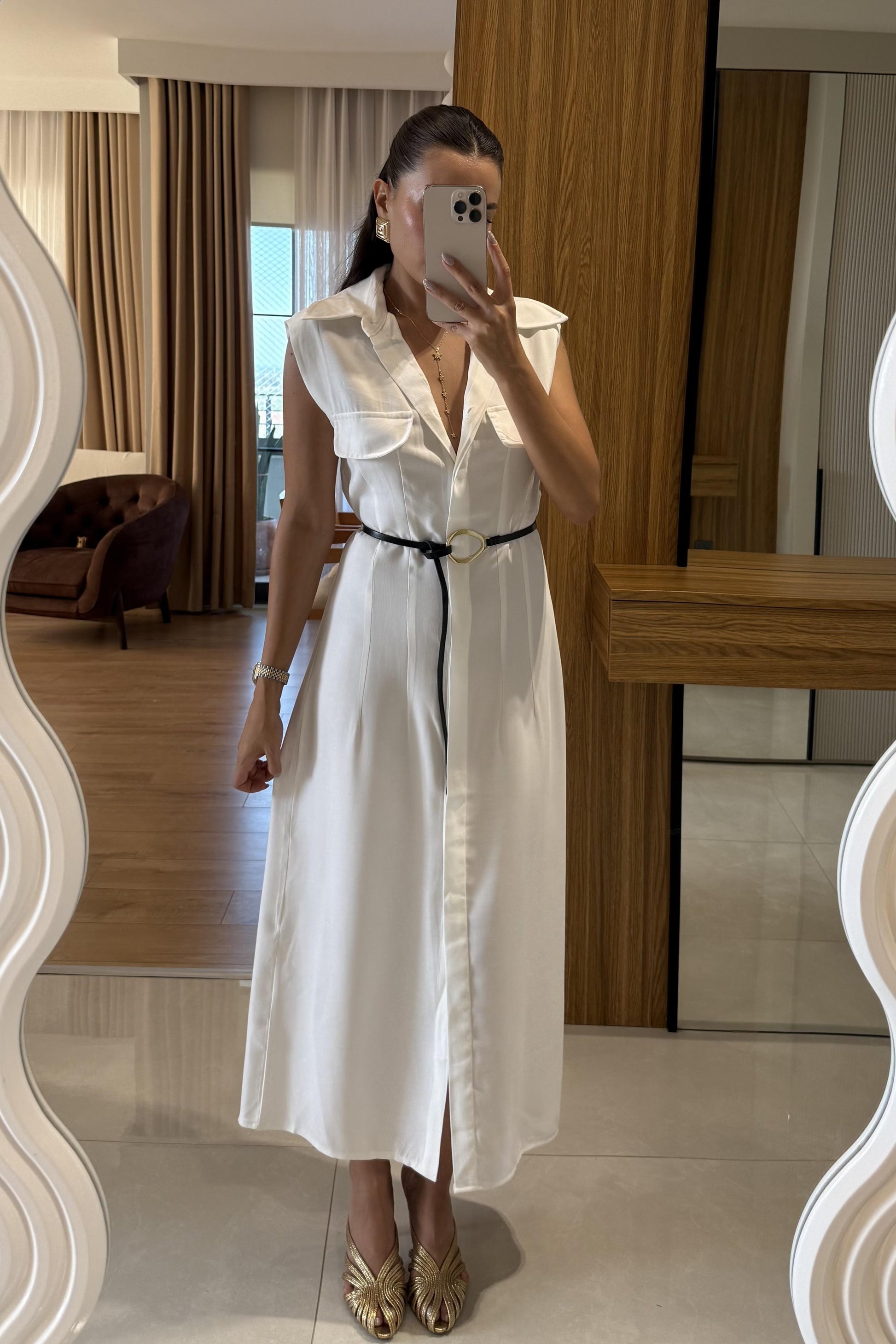 Movie Beyaz Kemerli Kolsuz Elbise