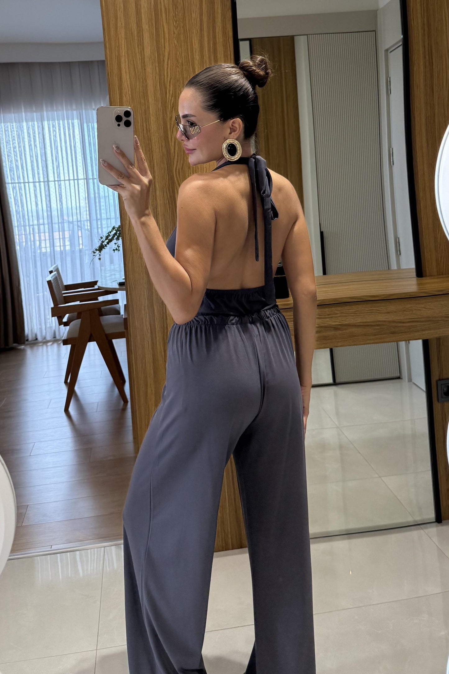 Mummy Antrasit Halter Yaka Dökümlü Bluz Pantolon Takım