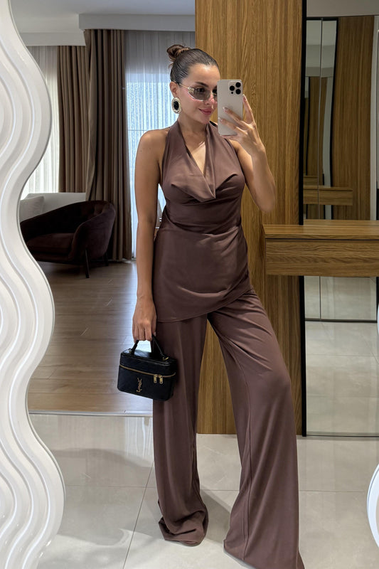 Mummy Kahve Halter Yaka Dökümlü Bluz Pantolon Takım
