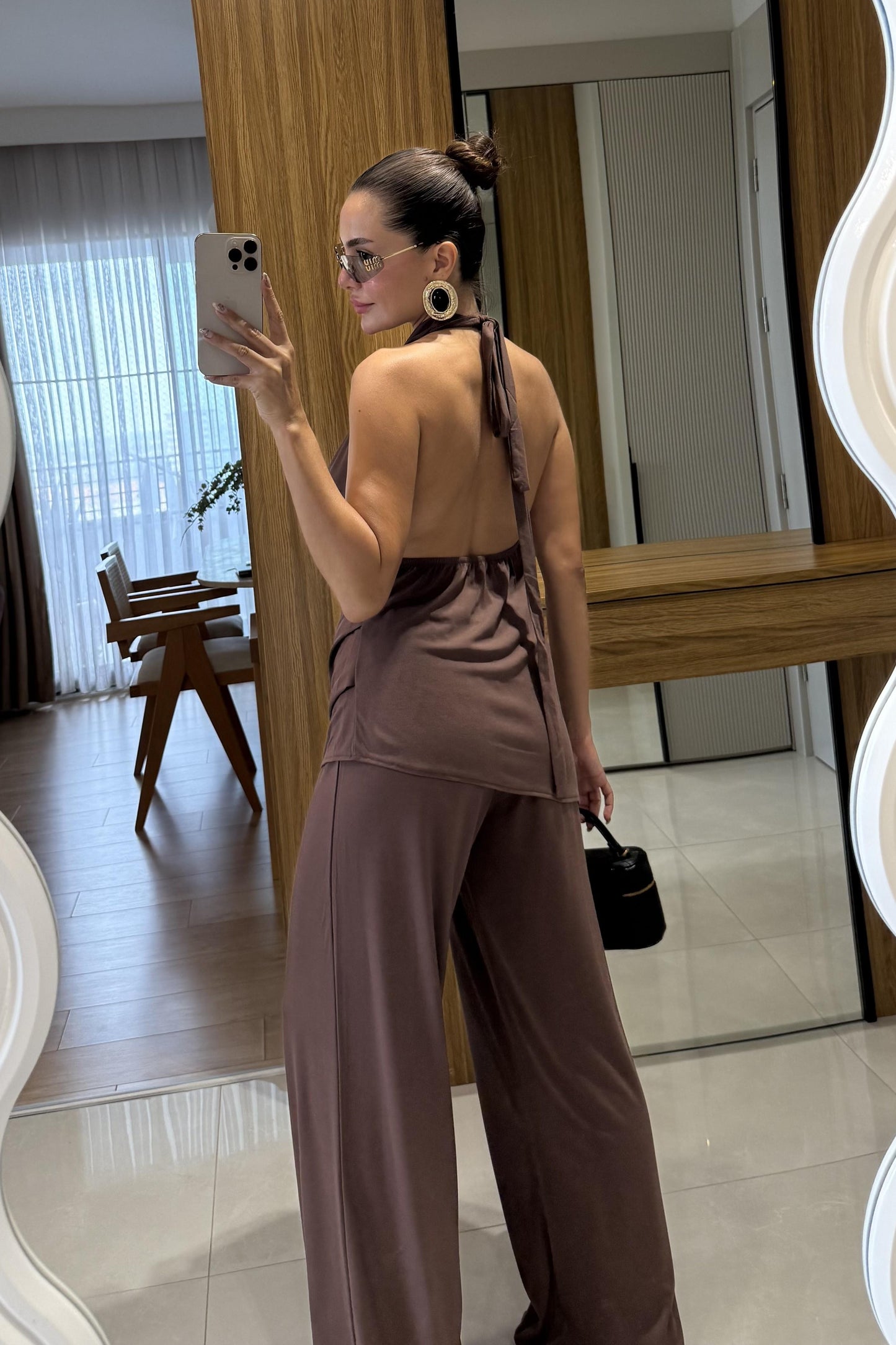 Mummy Kahve Halter Yaka Dökümlü Bluz Pantolon Takım
