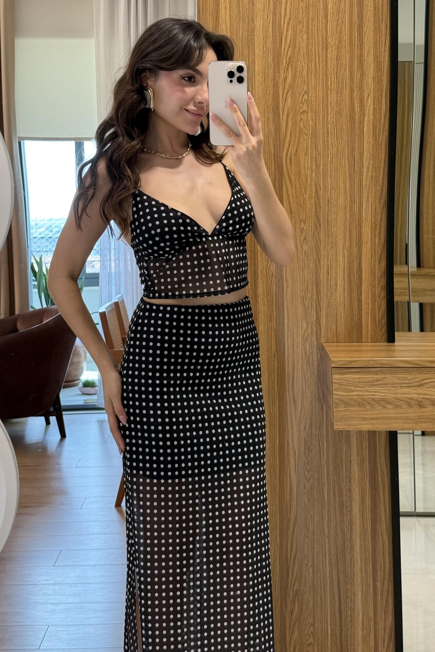 Myraze Puantiyeli Astarlı Etek Bluz Takım