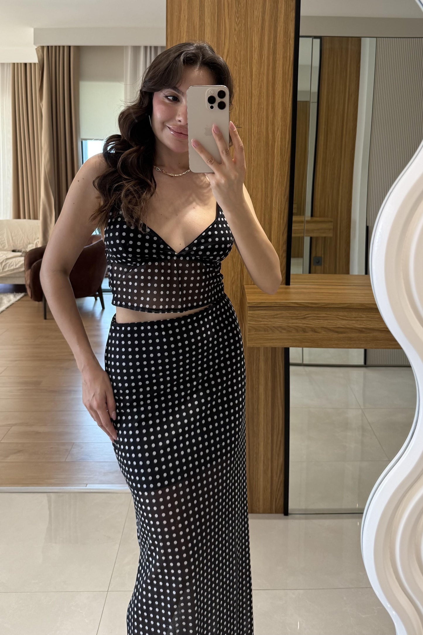 Myraze Puantiyeli Astarlı Etek Bluz Takım