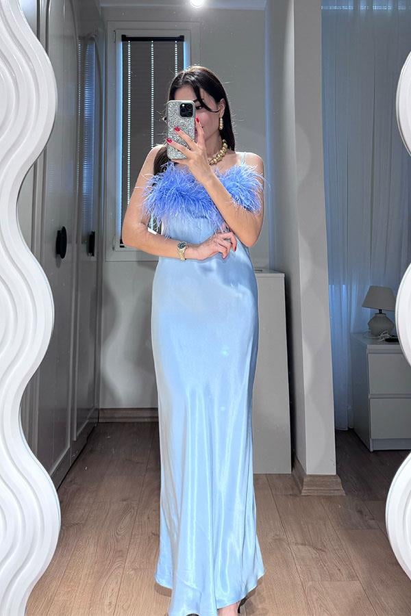 Myron Tüy Detaylı Saten Elbise-Bebe Mavi