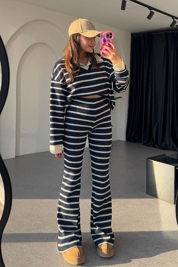 Mysie Koyu Lacivert Şeritli Triko Takım