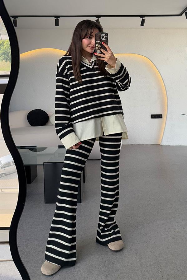 Mysie Siyah Şeritli Triko Takım