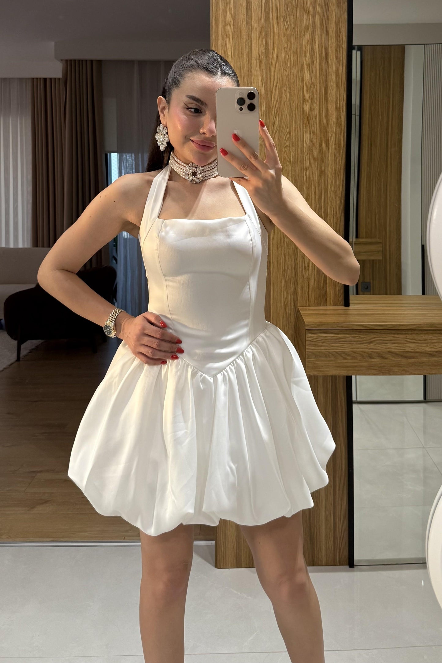 Natalie Beyaz Tasarım Mini Jose Saten Elbise