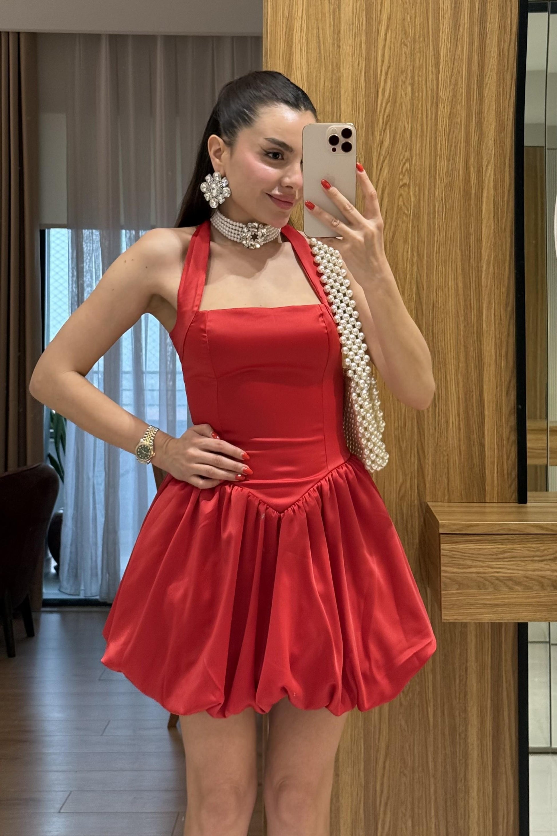 Natalie Kırmızı Tasarım Mini Jose Saten Elbise