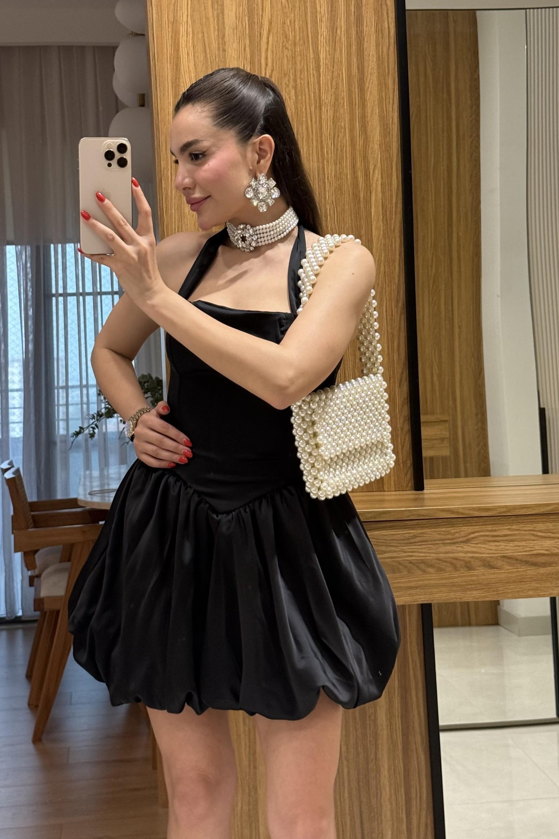 Natalie Siyah Tasarım Mini Jose Saten Elbise