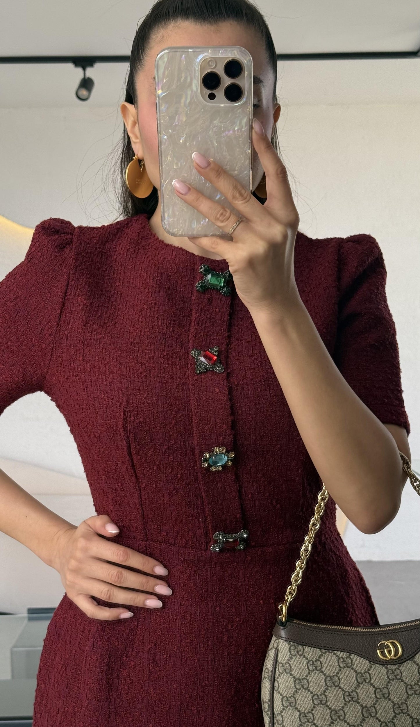 Nataly Bordo Tüvit Taşlı Düğmeli Elbise