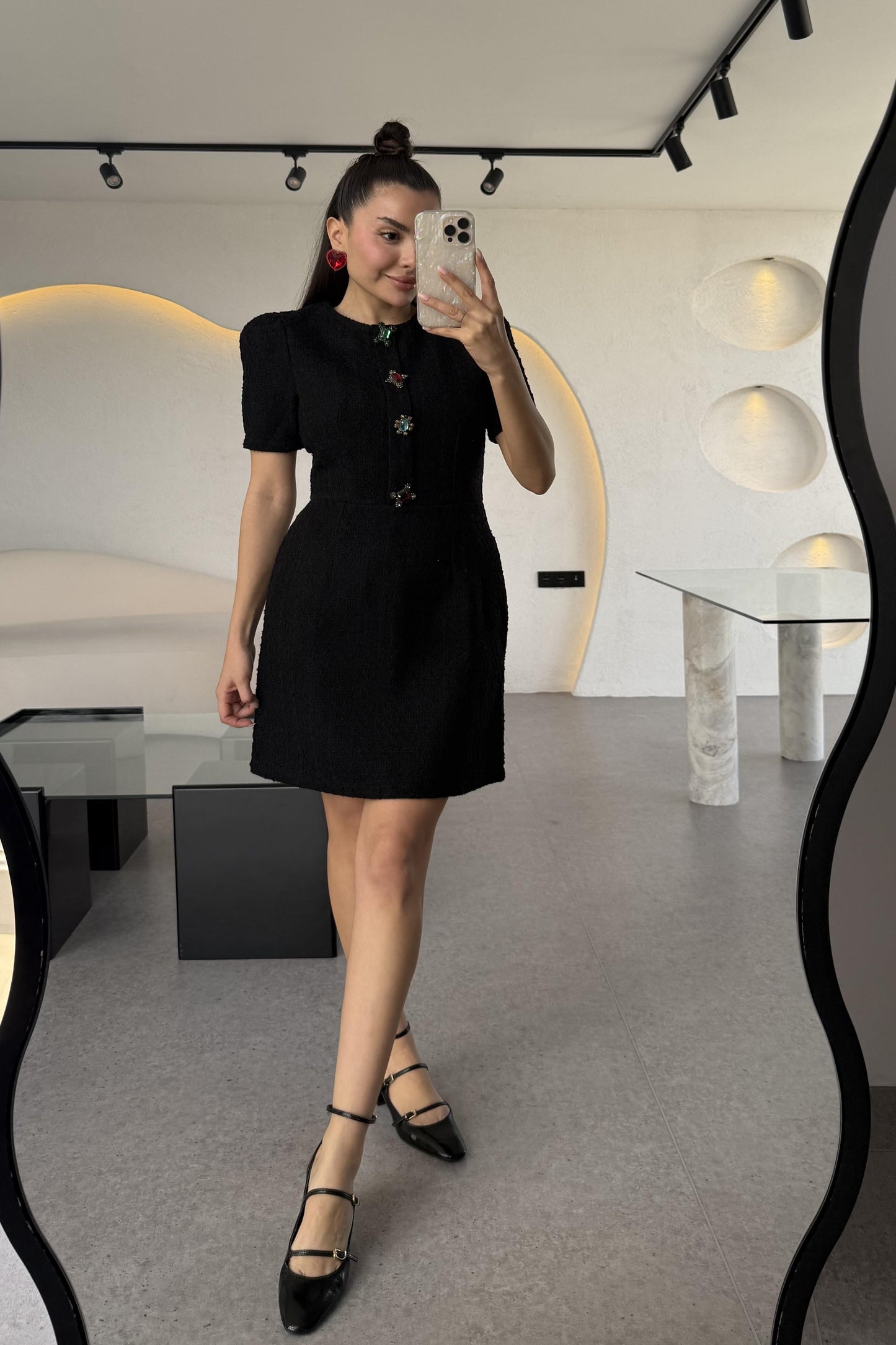 Nataly Siyah Tüvit Taşlı Düğmeli Elbise