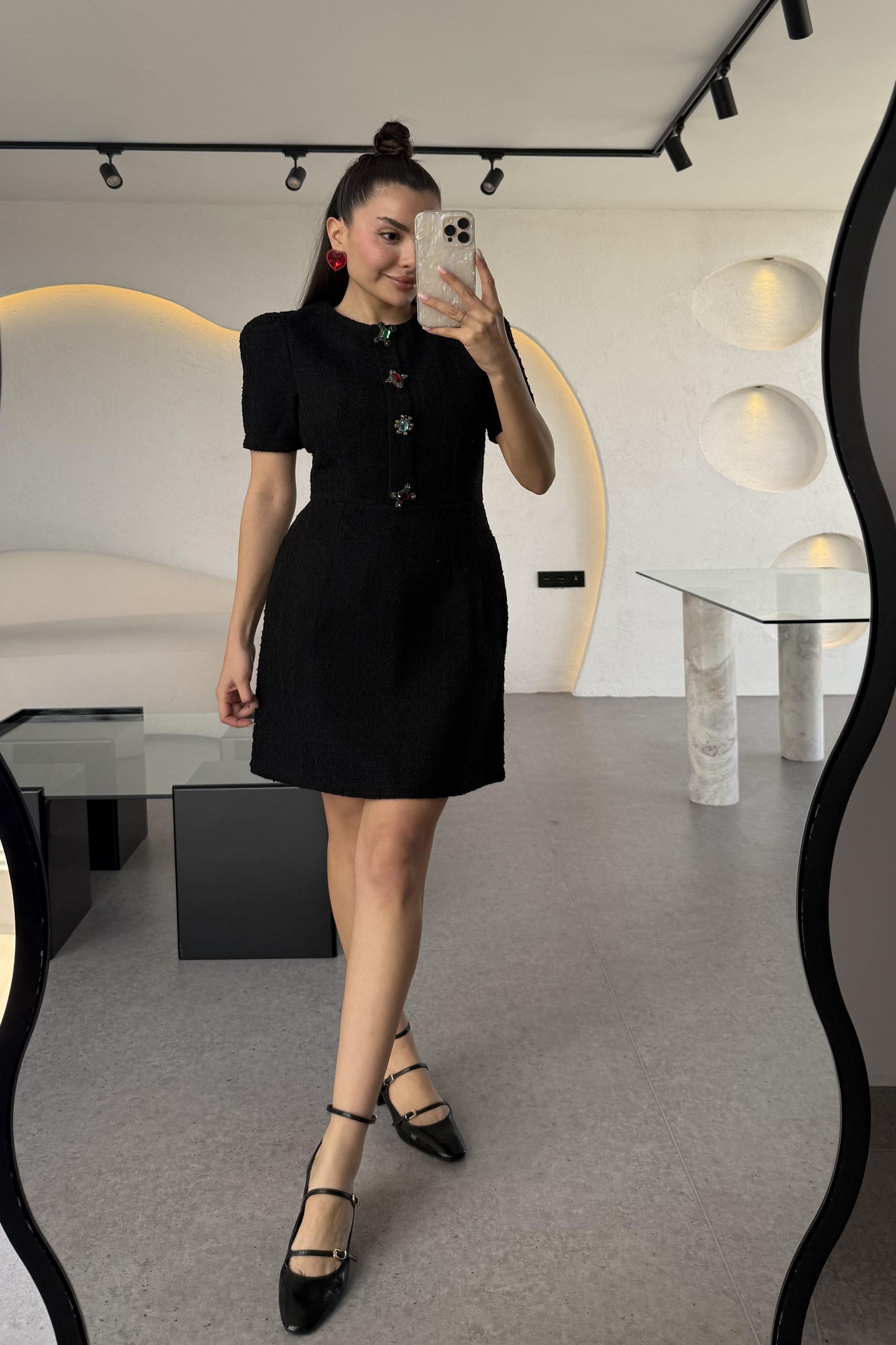 Nataly Siyah Tüvit Taşlı Düğmeli Elbise