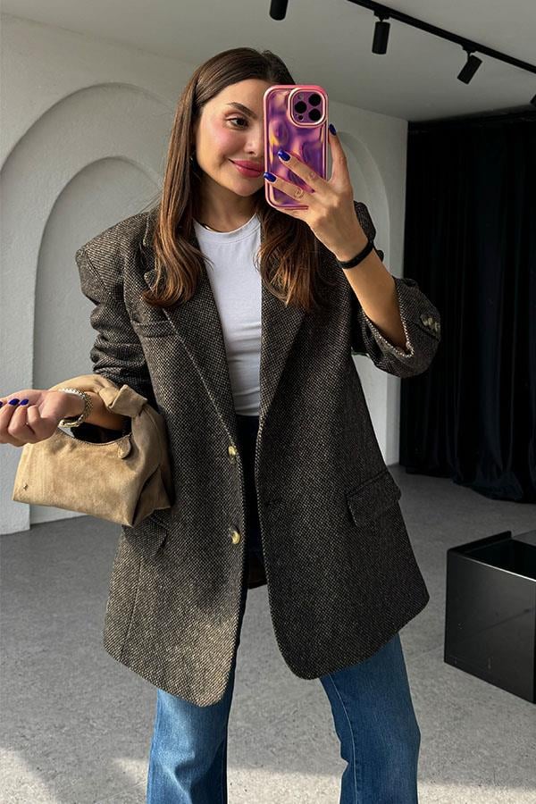 Neleu Kahve Dokulu Daddy Ceket