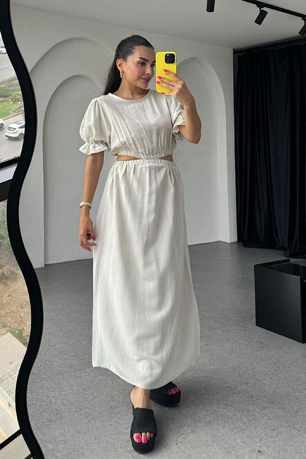 Nesta Bel Dekolteli Ekru Keten Elbise