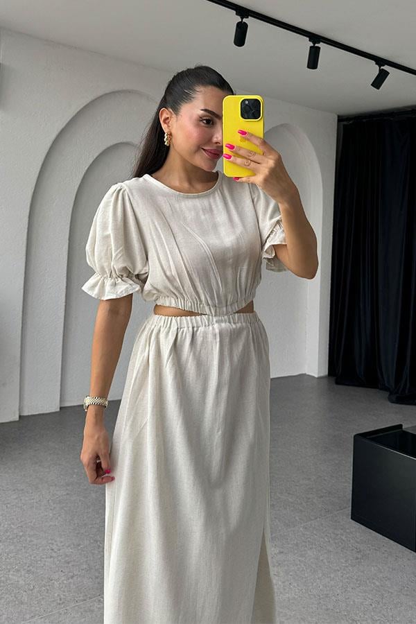 Nesta Bel Dekolteli Ekru Keten Elbise