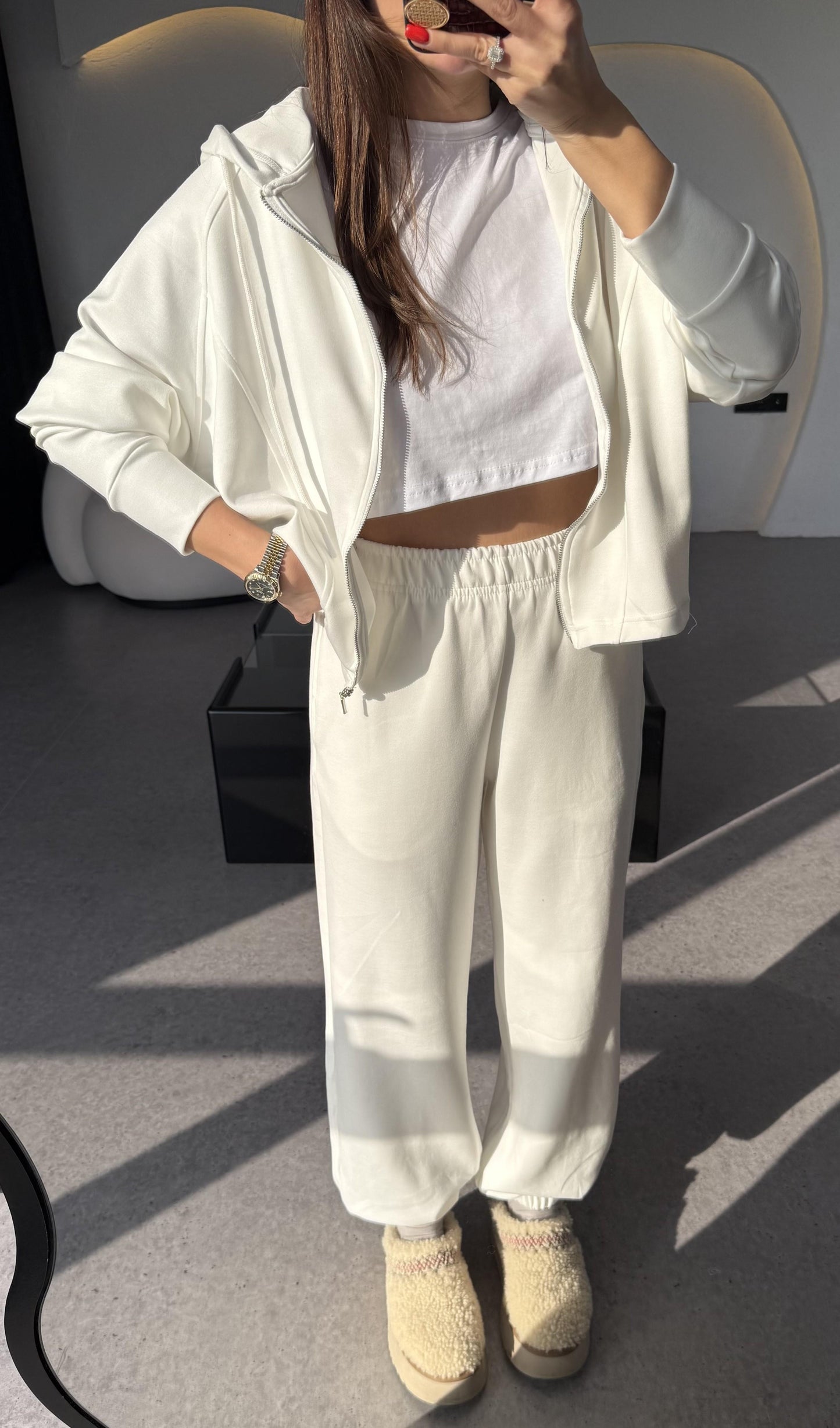 Nice Beyaz Fermuarlı Modal Kumaş Eşofman Takımı