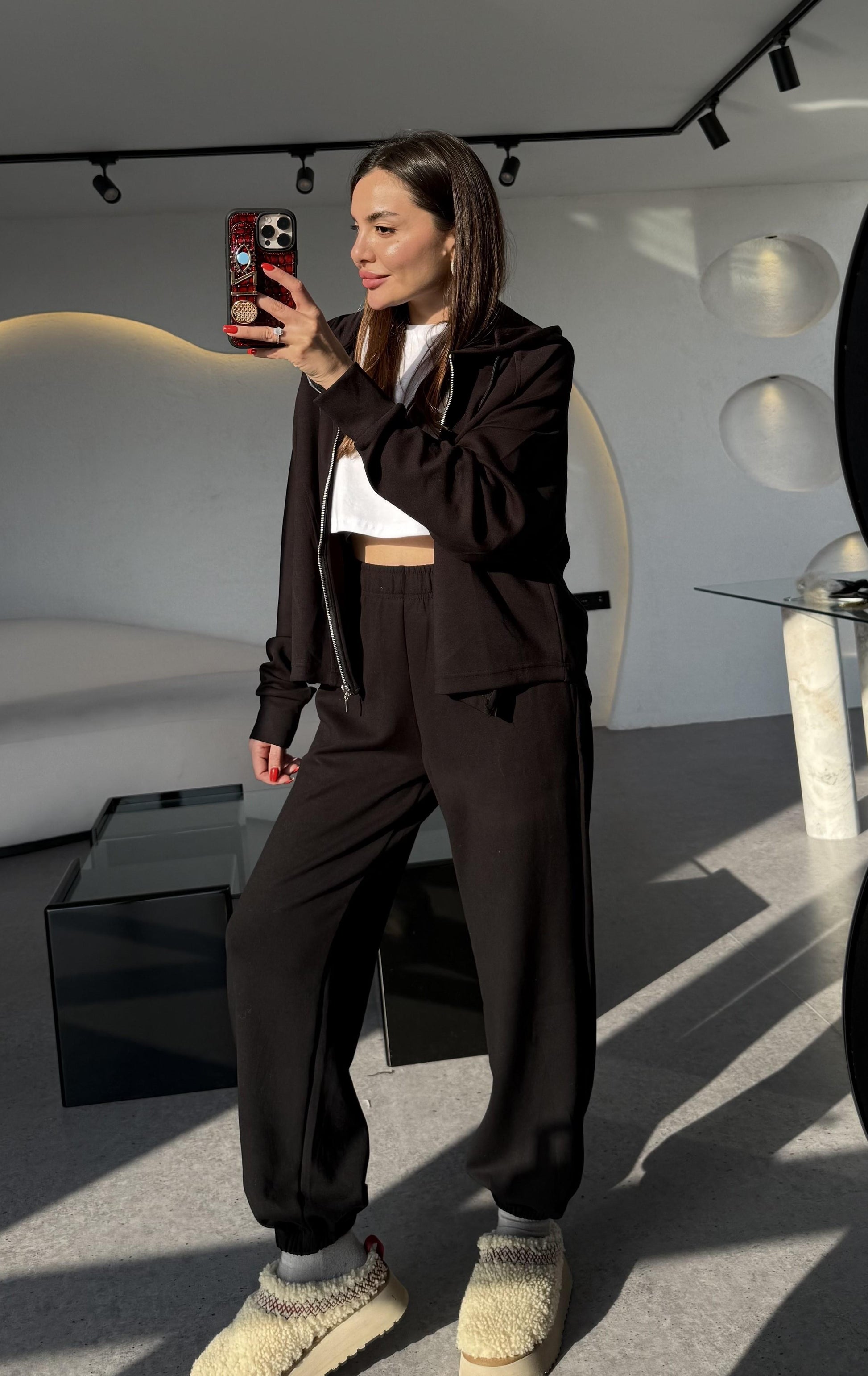 Nice Siyah Fermuarlı Modal Kumaş Eşofman Takımı