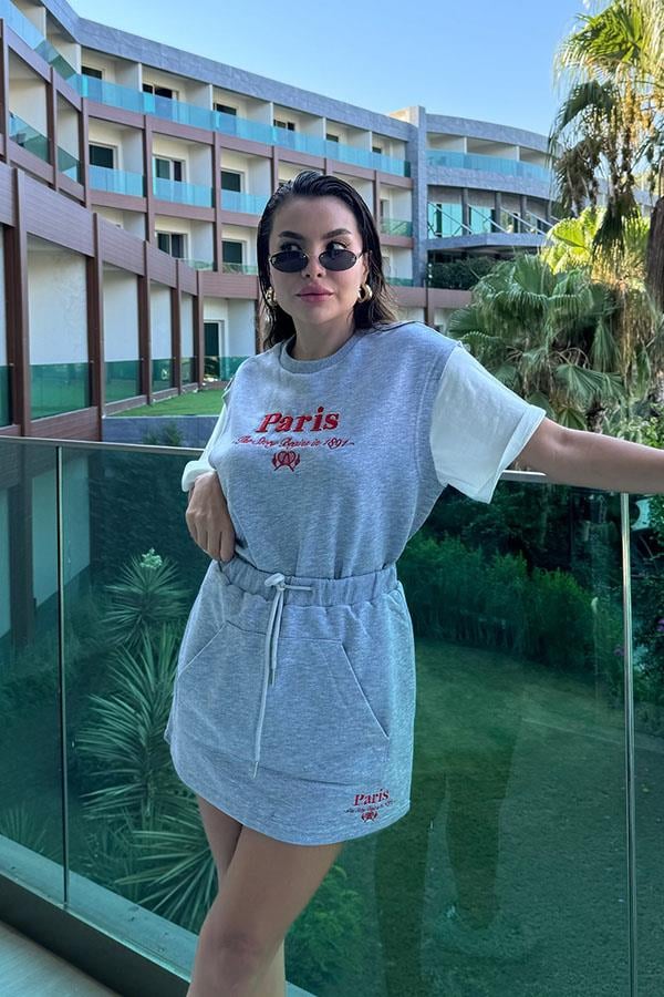 Nicolly Paris Yazılı Tshirt Etek Takım - Gri