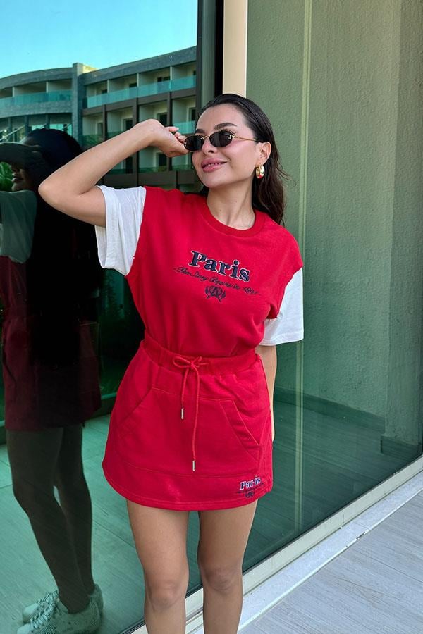Nicolly Paris Yazılı Tshirt Etek Takım - Kırmızı