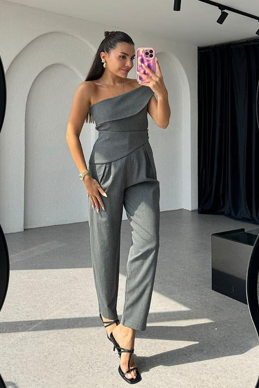 Nikolett Orijinal Tek Omuz Asimetrik Takım-Gri