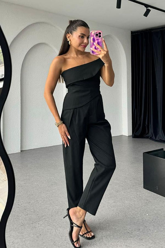 Nikolett Orijinal Tek Omuz Asimetrik Takım-Siyah