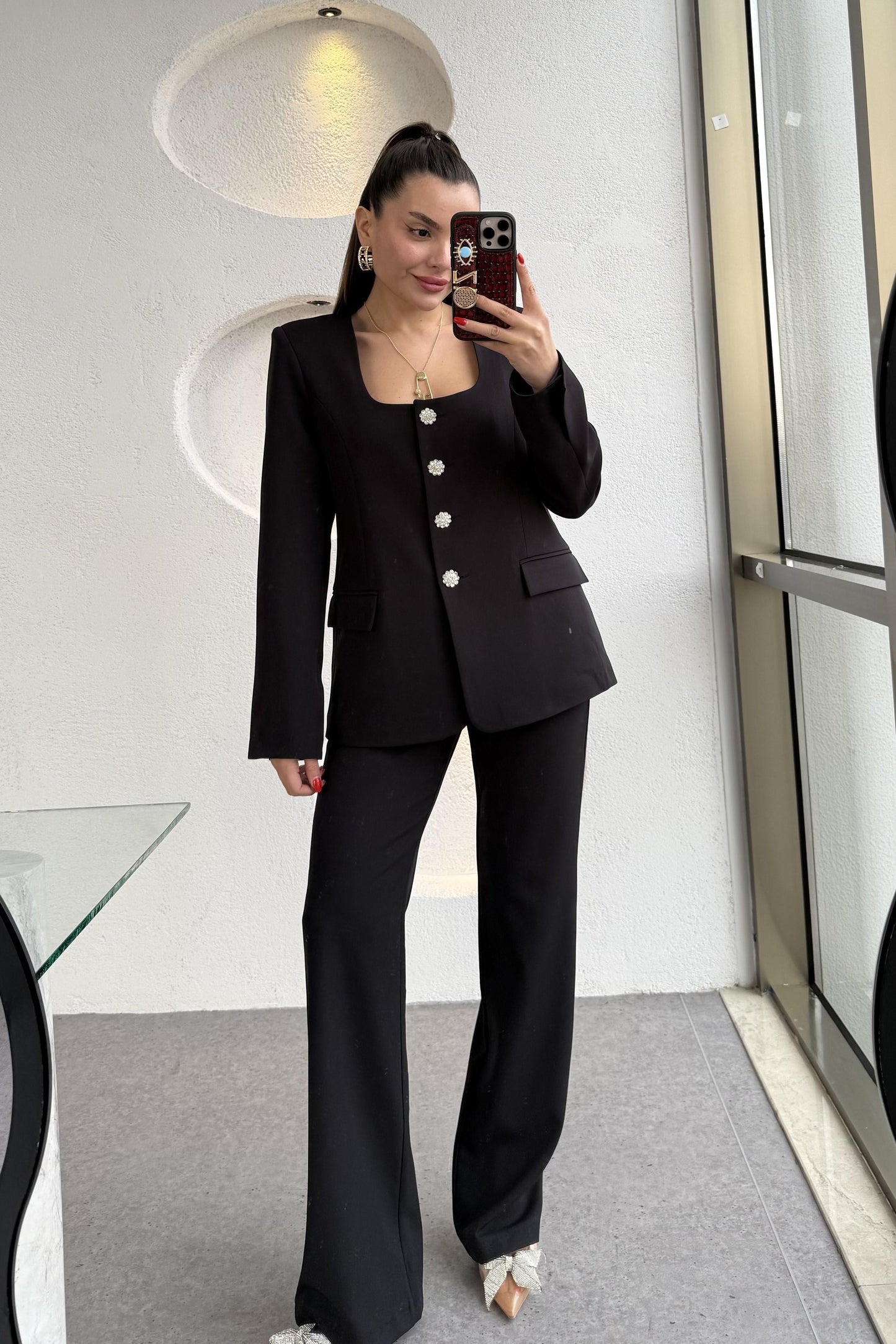 Nilepya Siyah Kare Yaka Ceket Pantolon Takım