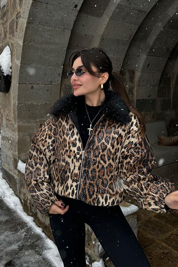 Nilsson Yakası Peluş Pulpayetli Leopar Ceket