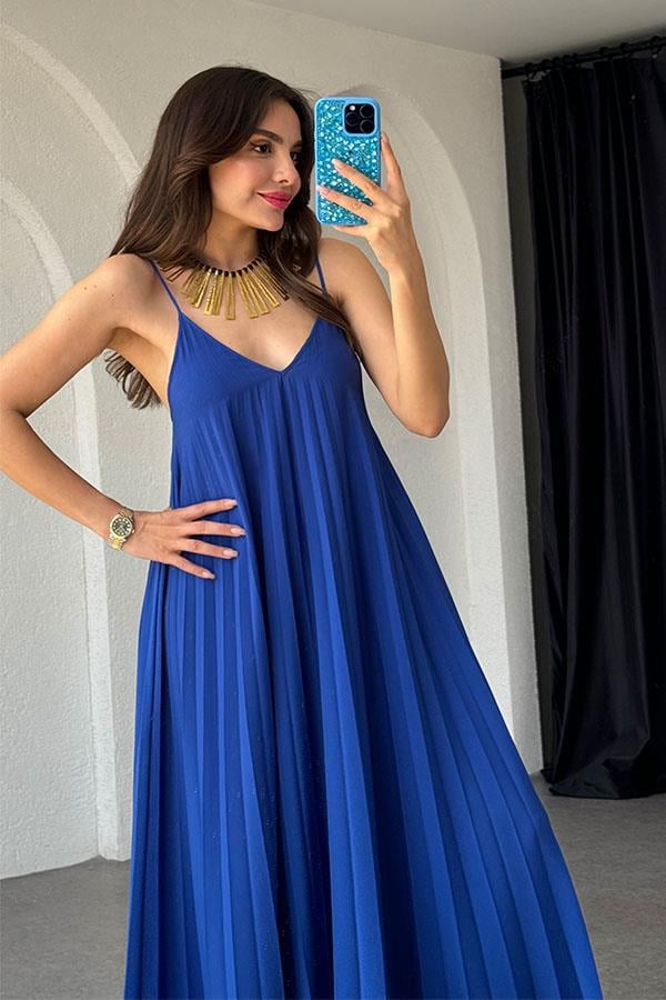 Niren Orijinal Piliseli Elbise Elbise-Saks Mavi