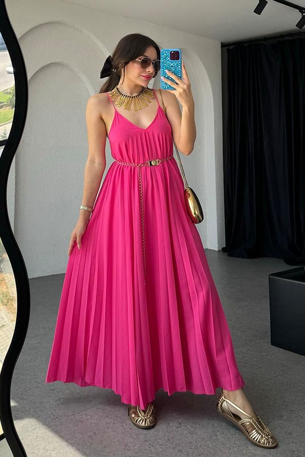 Niren Orijinal Piliseli Elbise Elbise-Fuşya