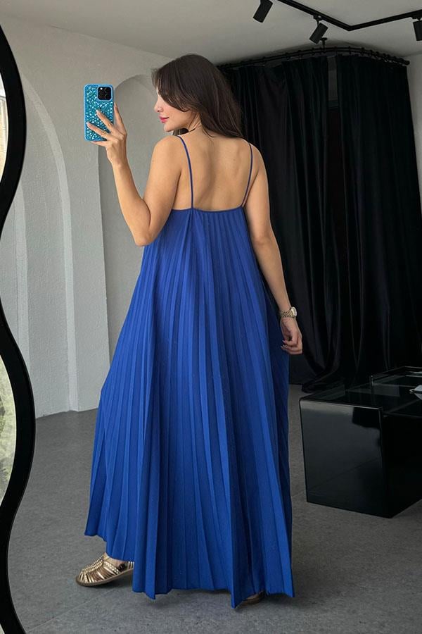 Niren Orijinal Piliseli Elbise Elbise-Saks Mavi