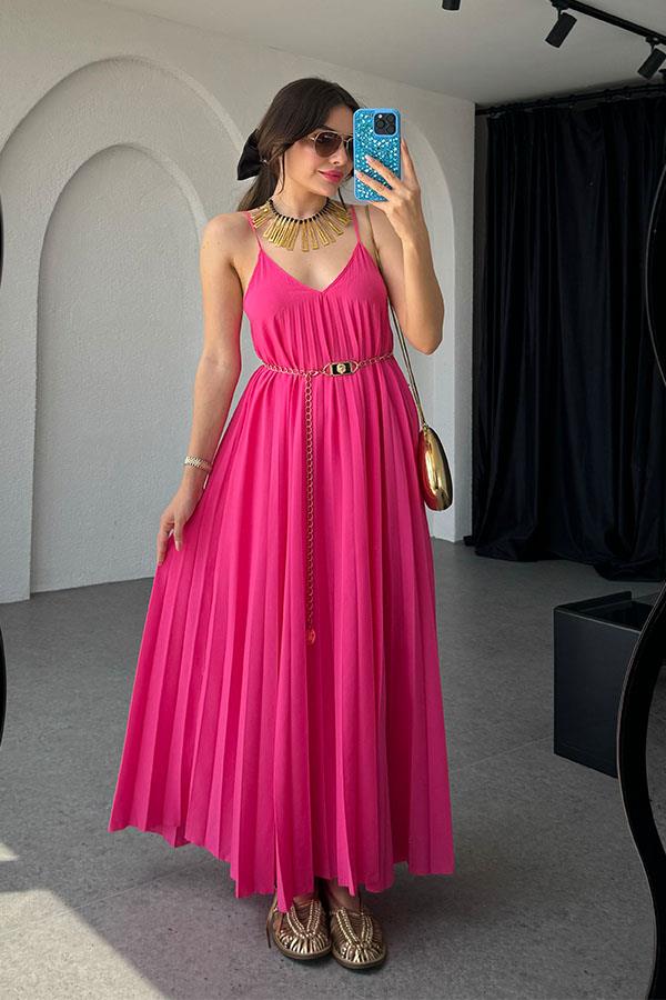 Niren Orijinal Piliseli Elbise Elbise-Fuşya