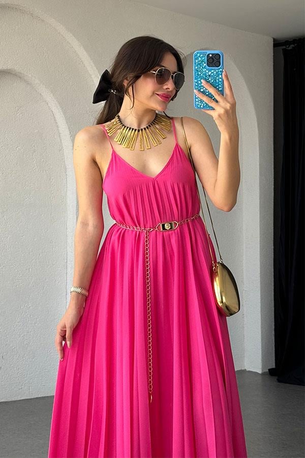 Niren Orijinal Piliseli Elbise Elbise-Fuşya