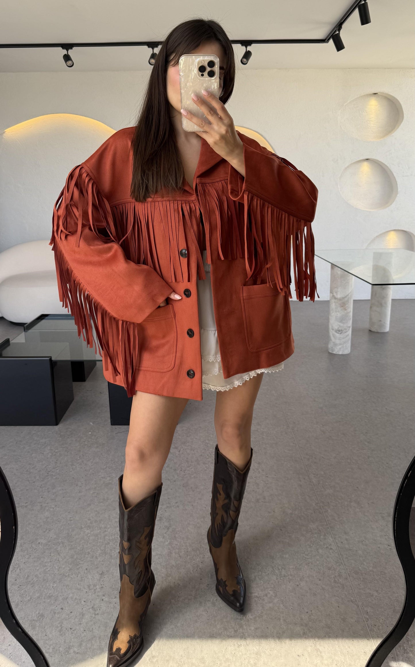 Nixie Kiremit Vintage Püsküllü Süet Ceket