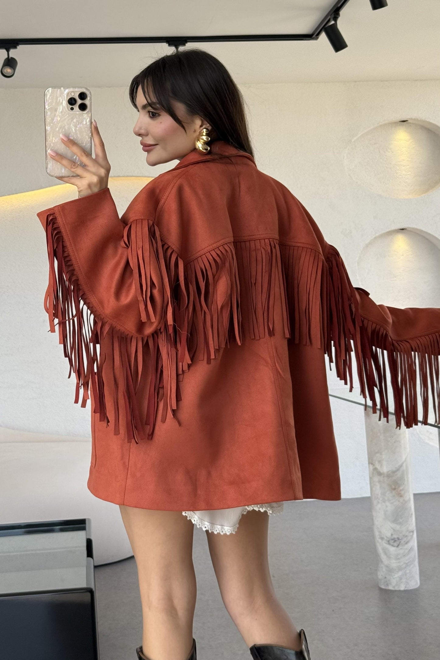 Nixie Kiremit Vintage Püsküllü Süet Ceket