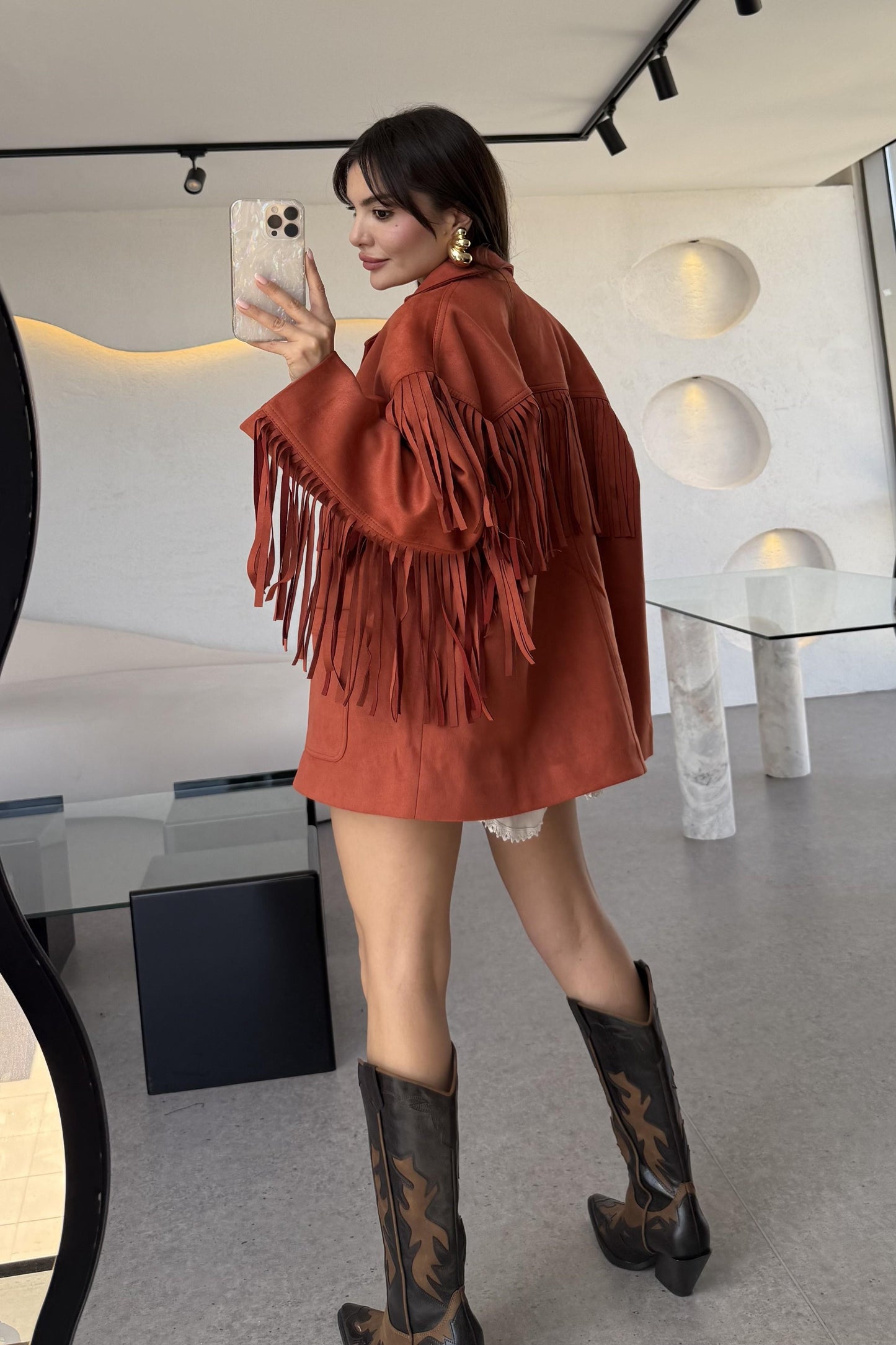 Nixie Kiremit Vintage Püsküllü Süet Ceket