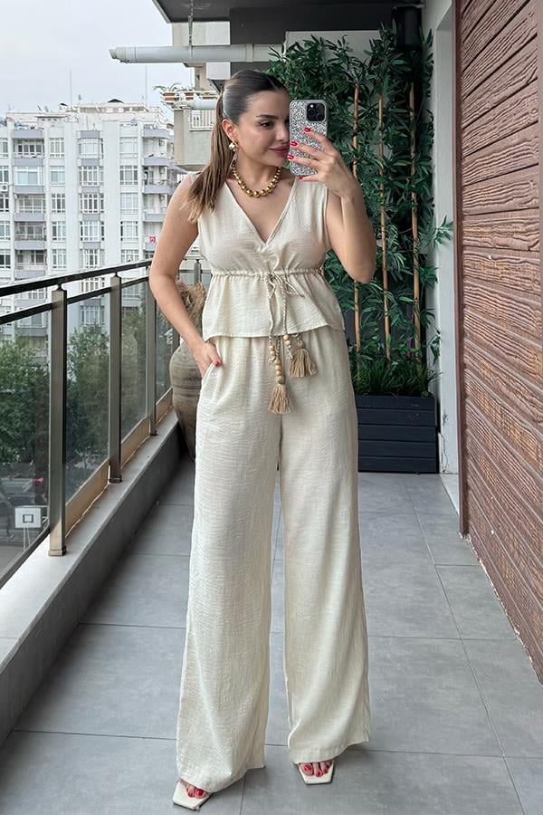 Noah Püskül Detaylı Keten Takım - Krem