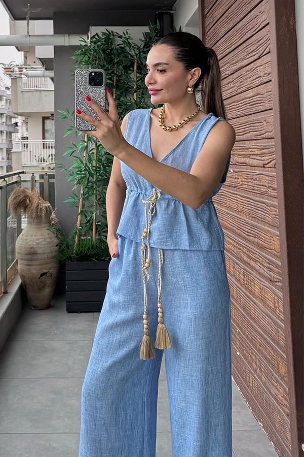 Noah Püskül Detaylı Keten Takım - Mavi