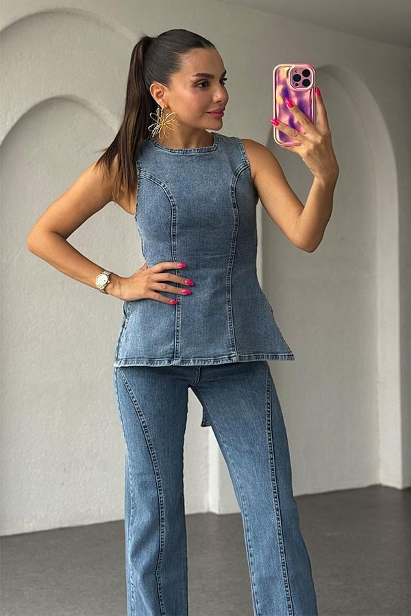 Noelle Bağlama Detaylı Denim Takım-Lightblue