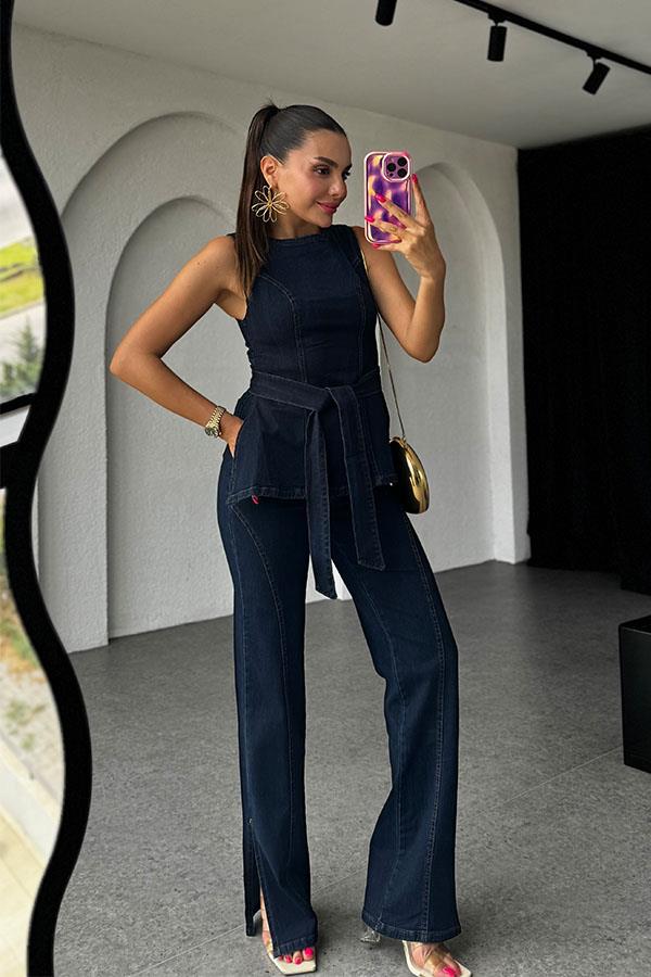 Noelle Bağlama Detaylı Denim Takım-Midblue