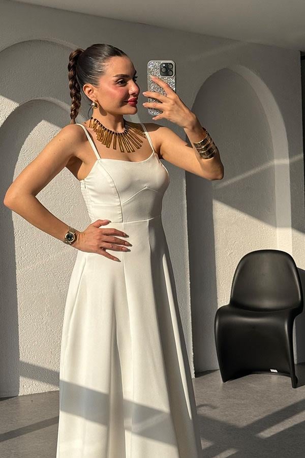 Nonaka İnce Askılı Çan Elbise-Beyaz