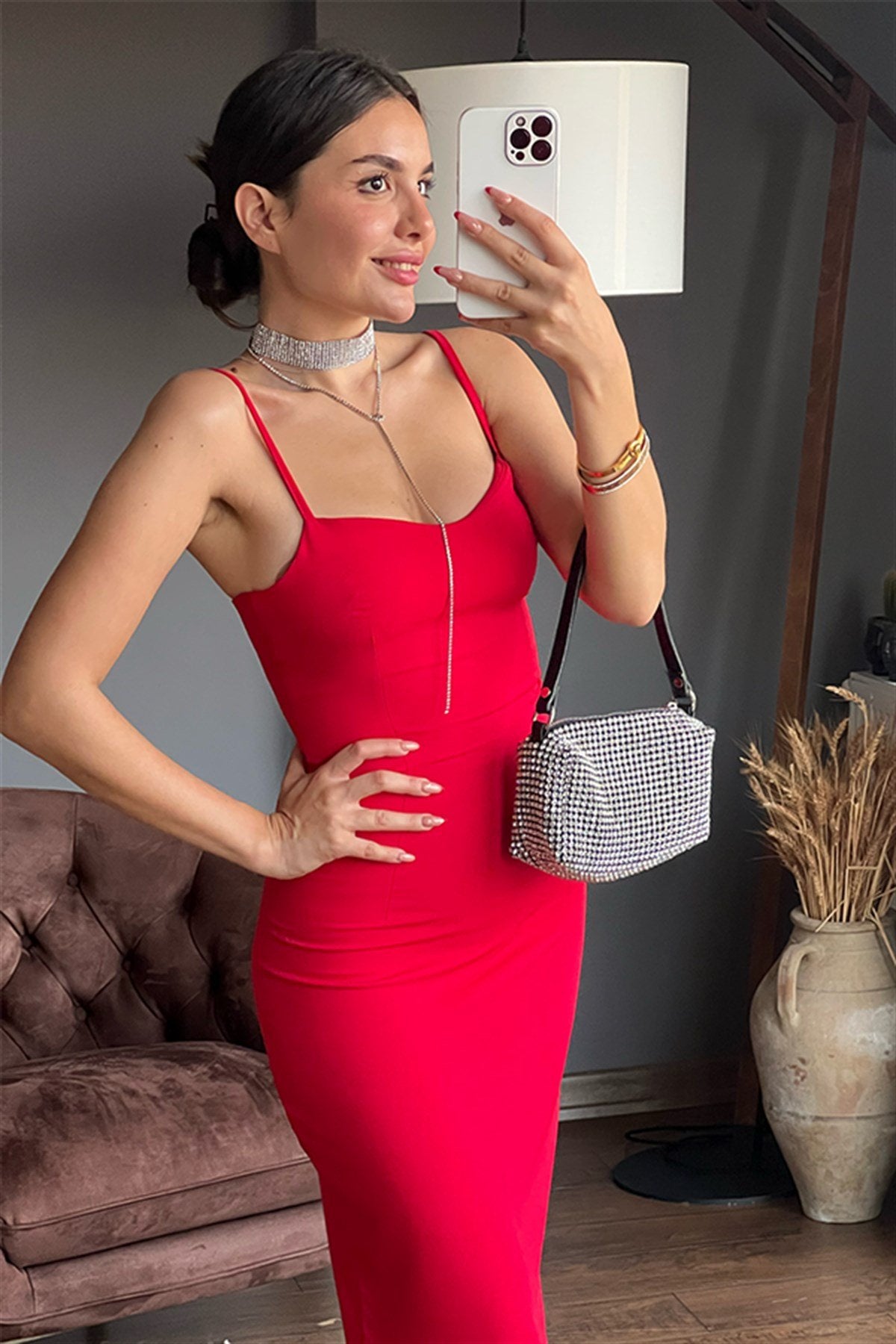 Nora ince askılı kırmızı kalem elbise