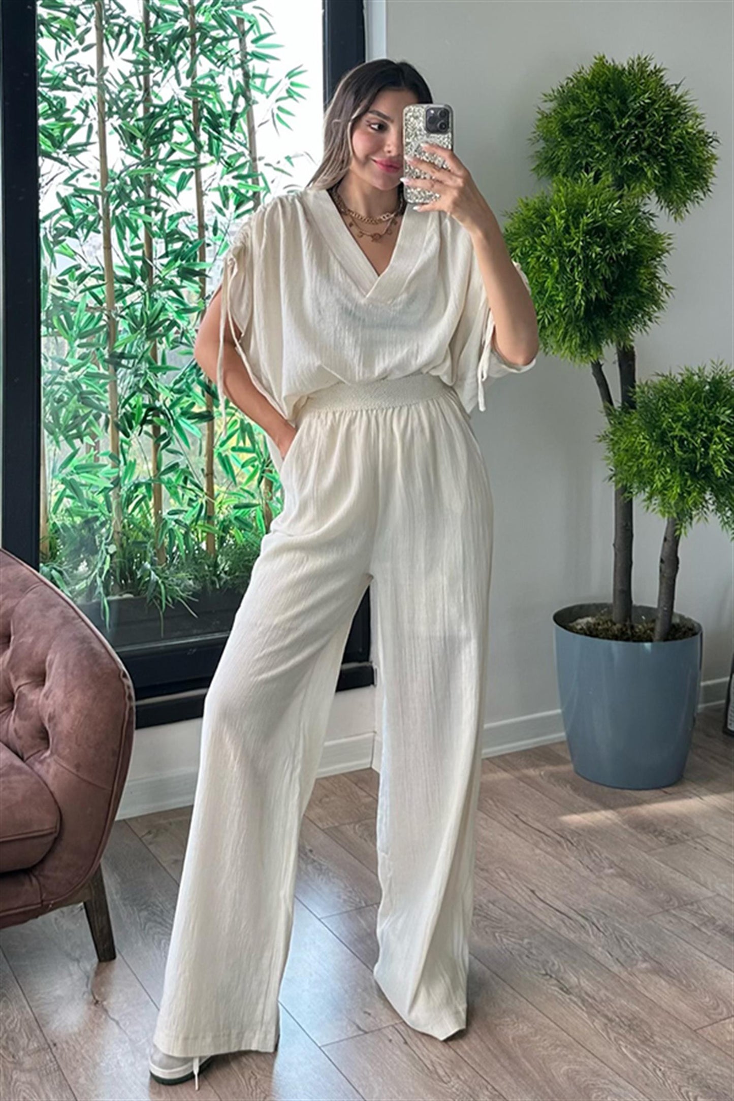 Norah yarasa kol krem ikili takım