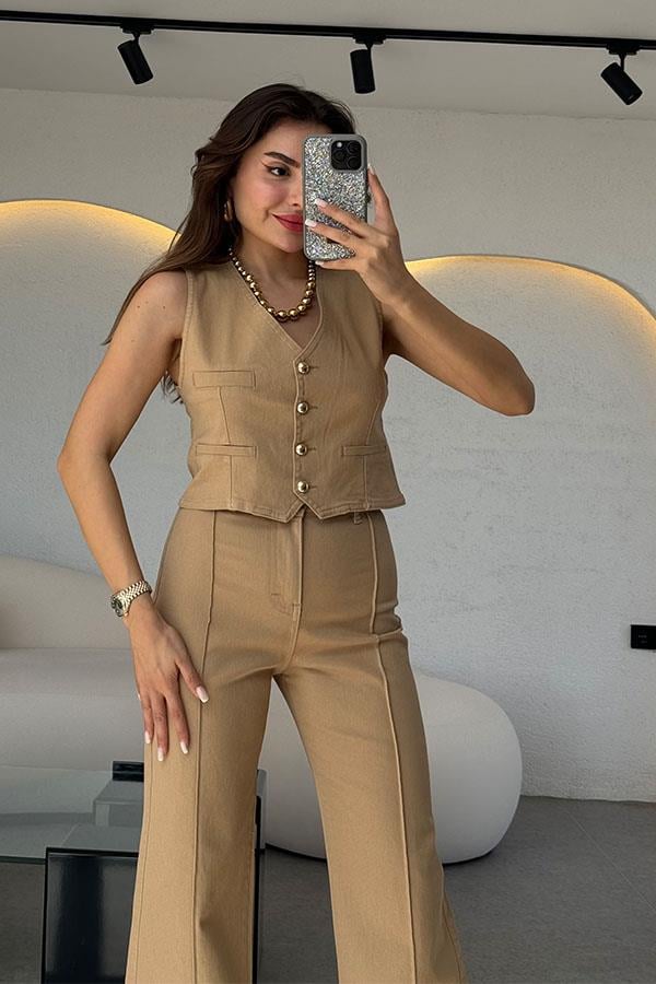 Noris Denim Yelek Pantolon Takım-Sütlü Kahve