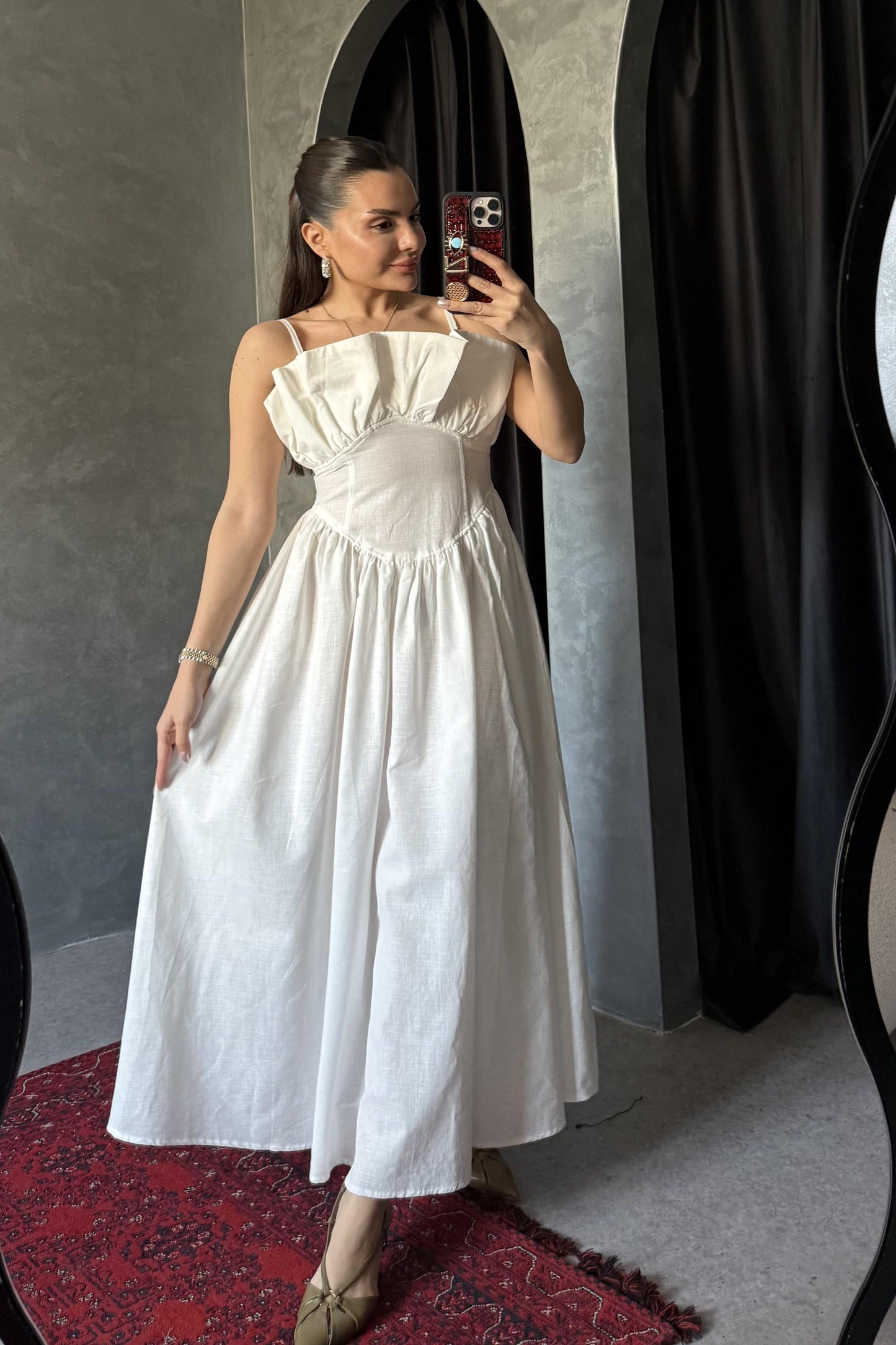 Novella Beyaz Askılı Keten Elbise