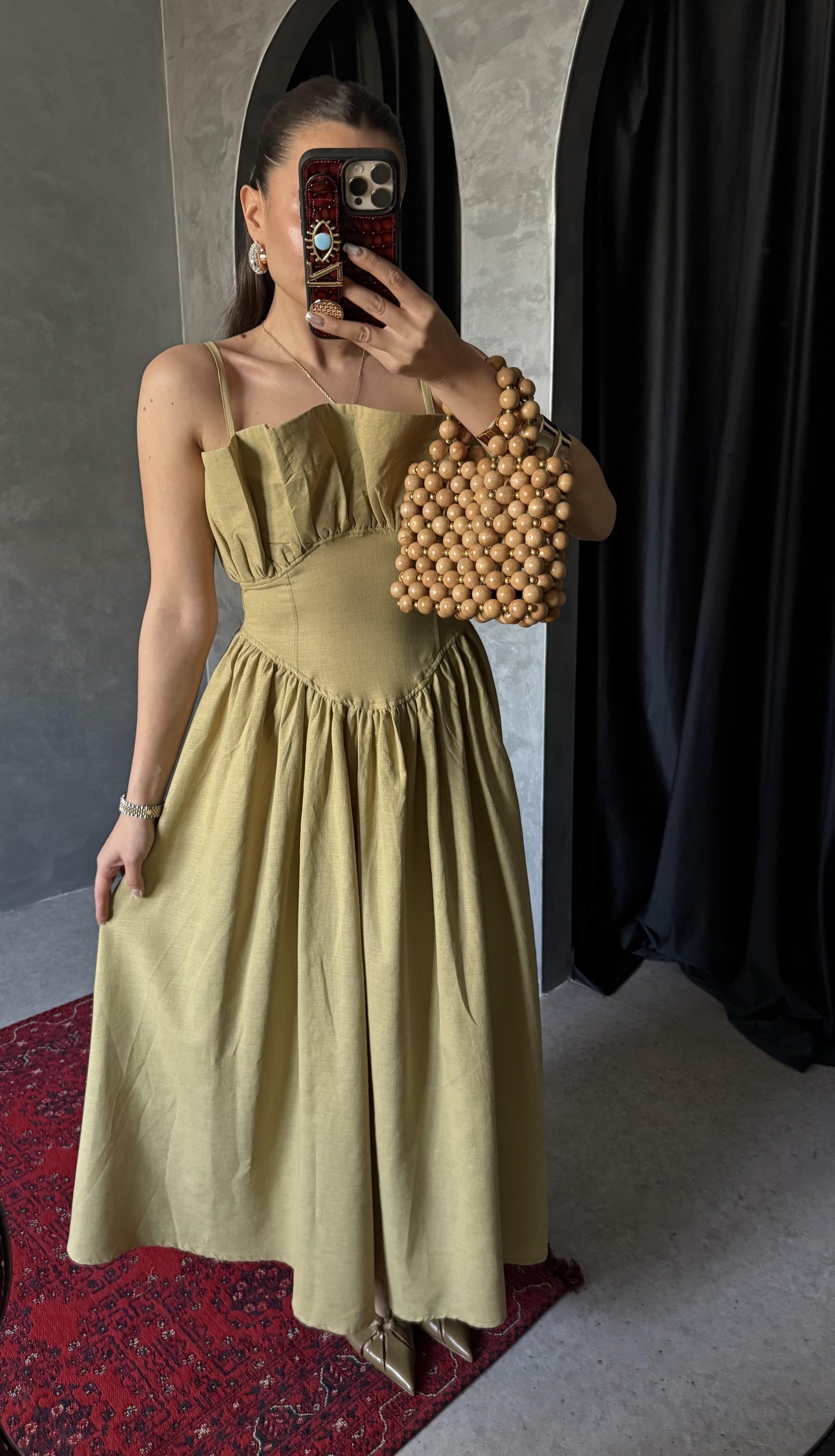 Novella Yağ Yeşili Askılı Keten Elbise