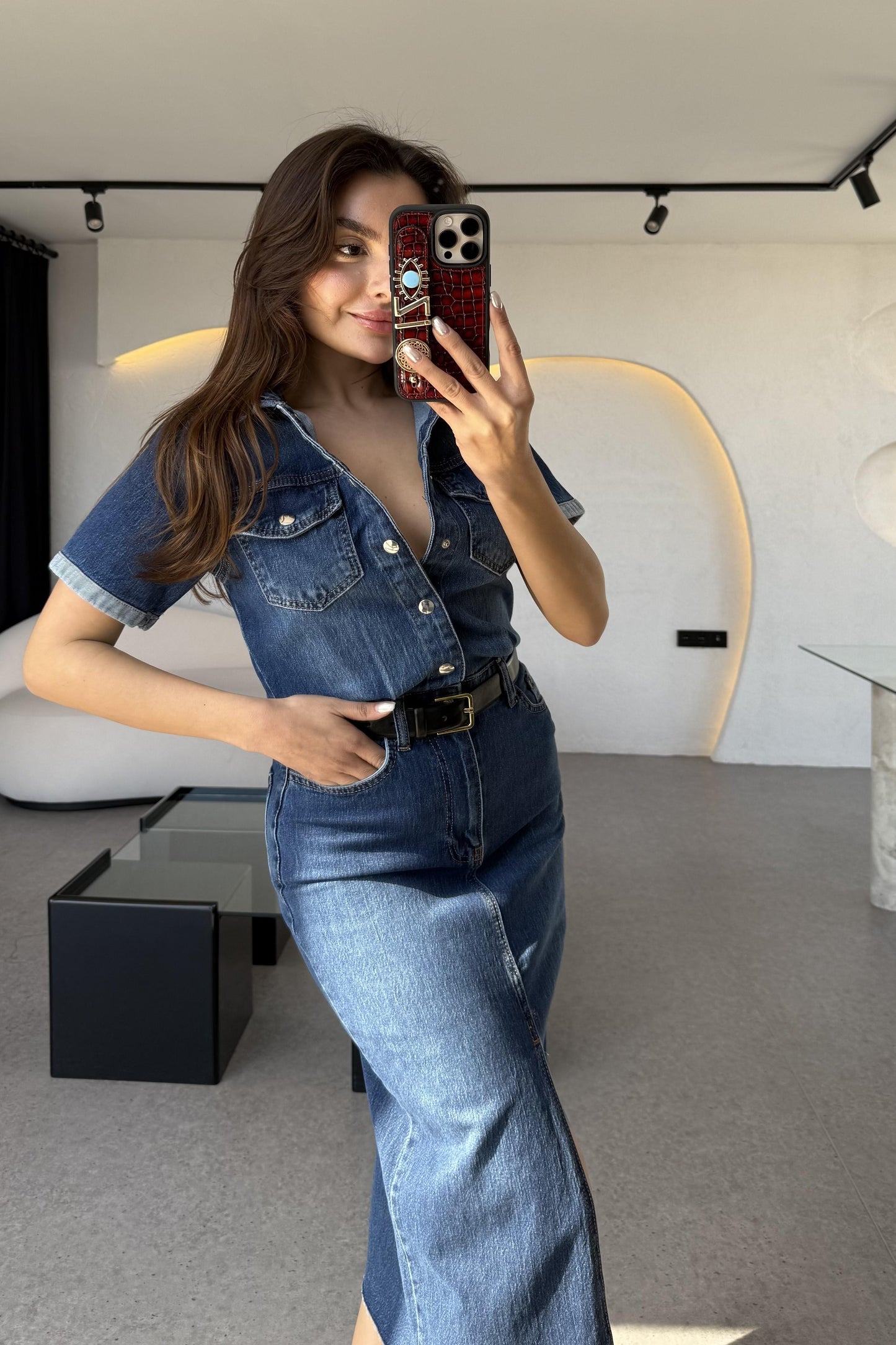 Novia Yarım Kollu Yırtmaçlı Denim Elbise
