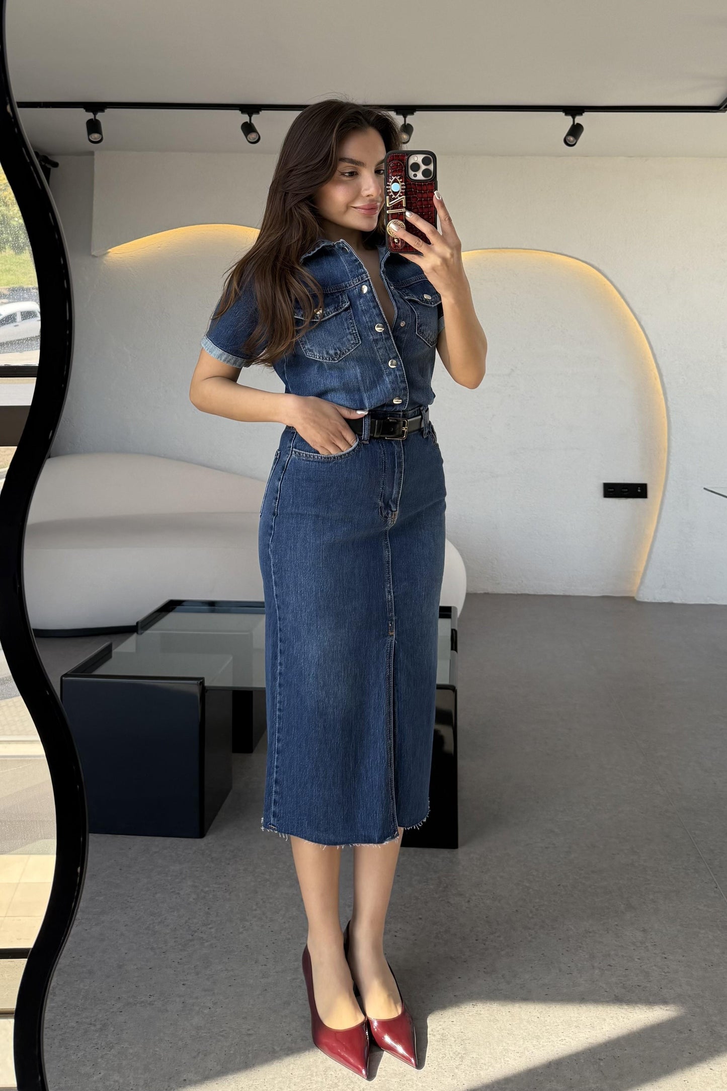 Novia Yarım Kollu Yırtmaçlı Denim Elbise