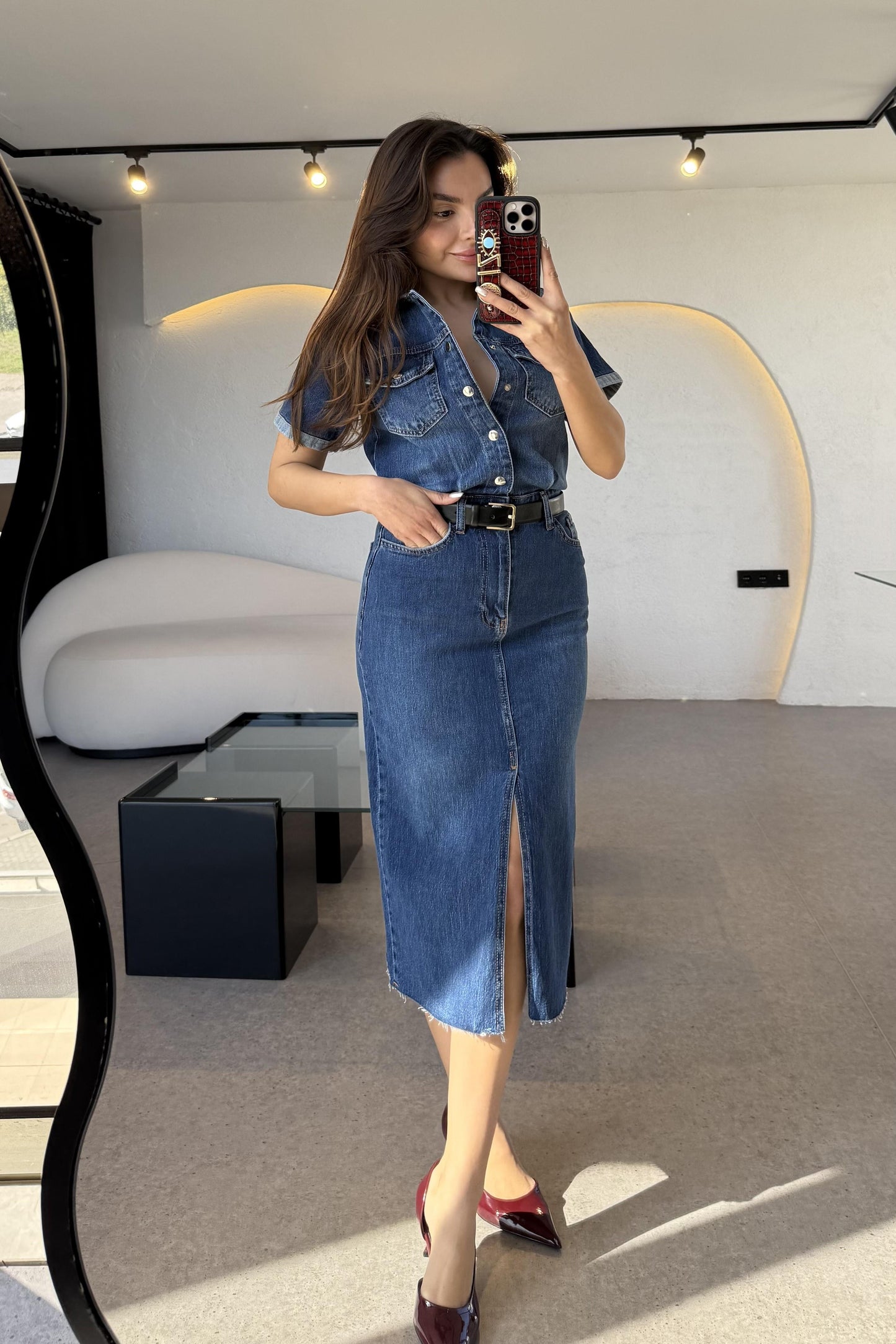 Novia Yarım Kollu Yırtmaçlı Denim Elbise