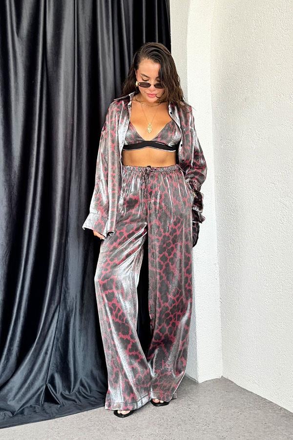 Nysia Parlak Saten Leopar 3 lü Takım-Bordo