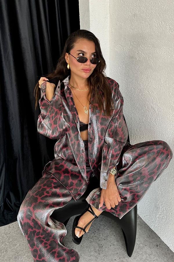Nysia Parlak Saten Leopar 3 lü Takım-Bordo