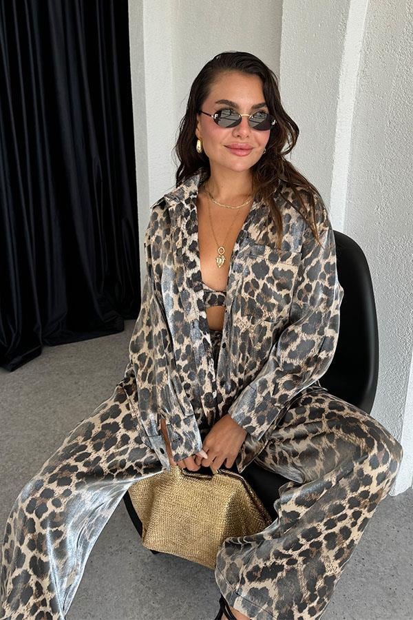 Nysia Parlak Saten Leopar 3 lü Takım-Kahve